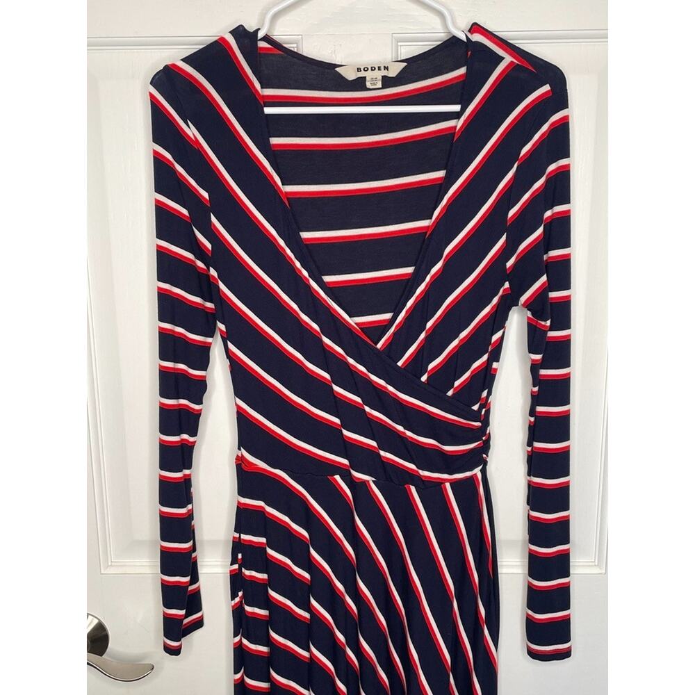 Boden Women's Faux Wrap Midi Dress 6R Navy Stripe Stretch Marine Preppy Coastal - Picture 2 of 11